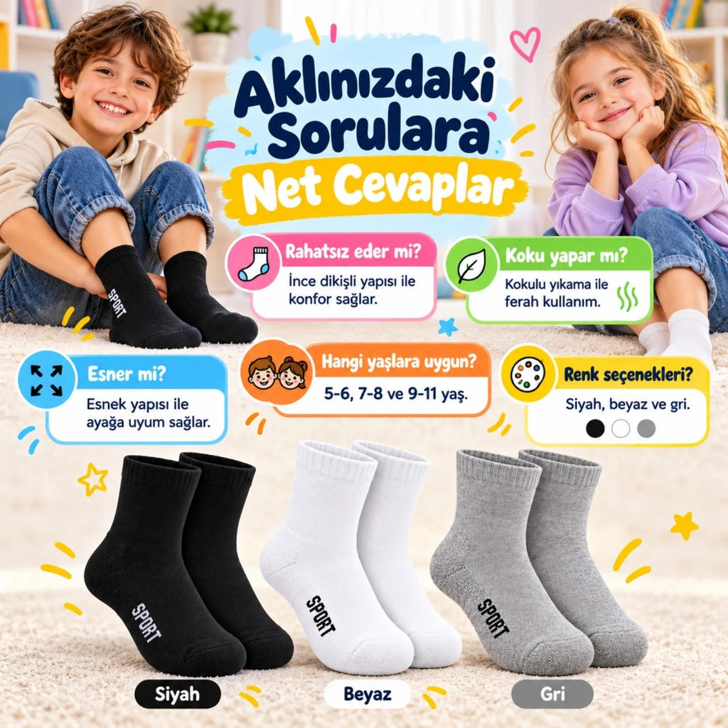 Çocuk Spor Çorap 3'lü Set Siyah Beyaz Gri İnce Dikişli Kokulu Yıkama Yumuşak Esnek Günlük Çorap Seti