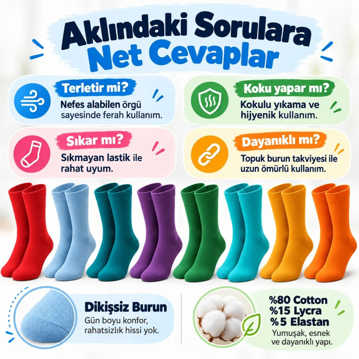 Unisex Renkli Çorap 8'li Set Günlük Rahat Esnek Uzun Soket Çorap Canlı Renkler Yumuşak Konforlu Seti