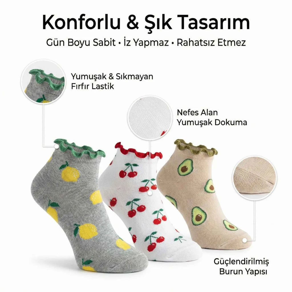 Kadın Meyve Desenli Fırfırlı Soket Çorap 6'lı | Renkli Yumuşak Rahat Bilek Çorabı