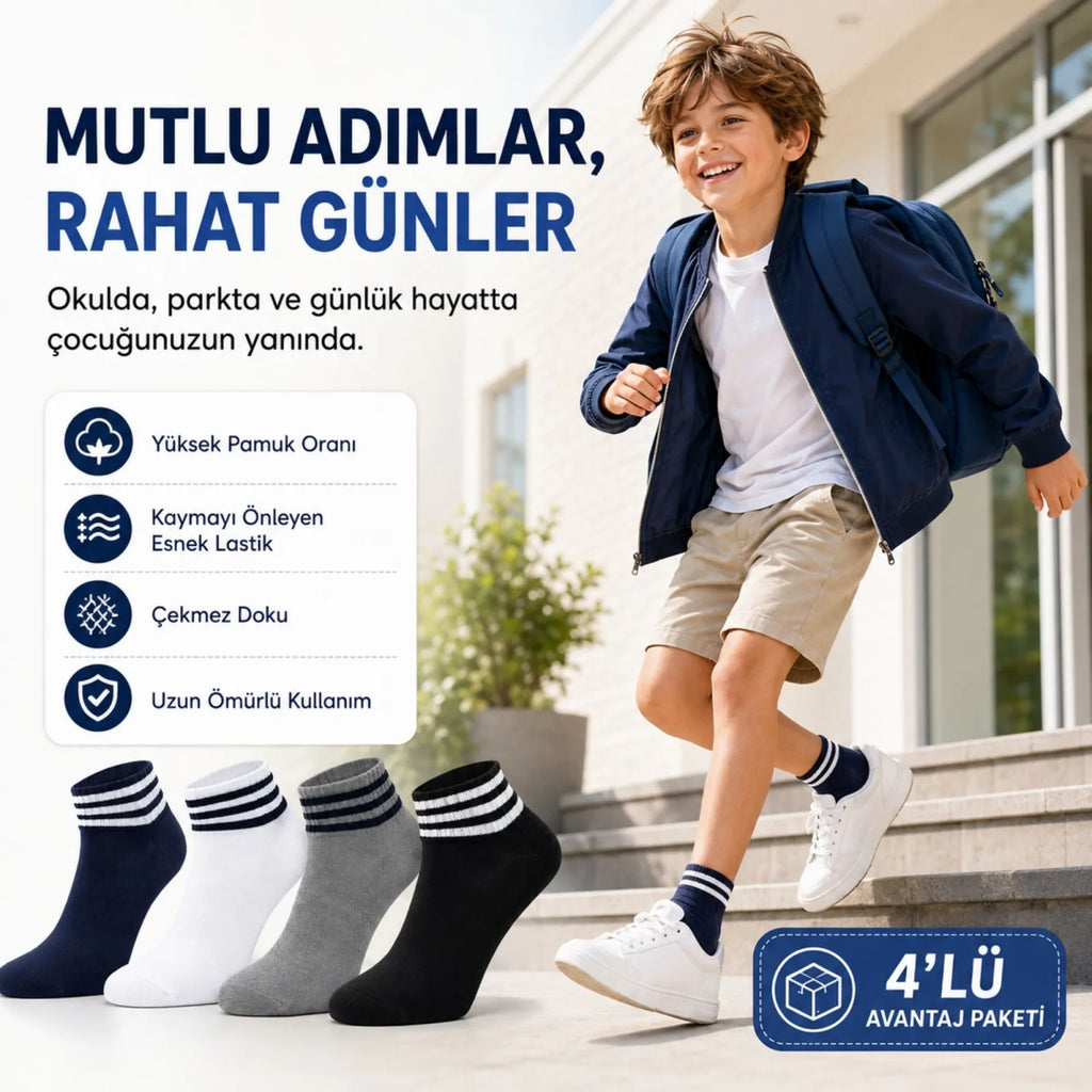 Erkek Çocuk Pamuklu Çizgili Patik Çorap 4'lü | Nefes Alan Esnek Okul Günlük Spor Çorabı