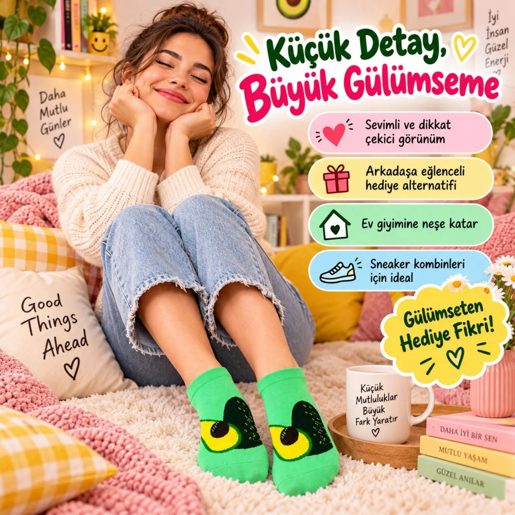 Kadın Avokado 3'lü Desenli Patik Çorap Pamuklu Dikişsiz Sneaker Uyumlu Eğlenceli Günlük Çorap