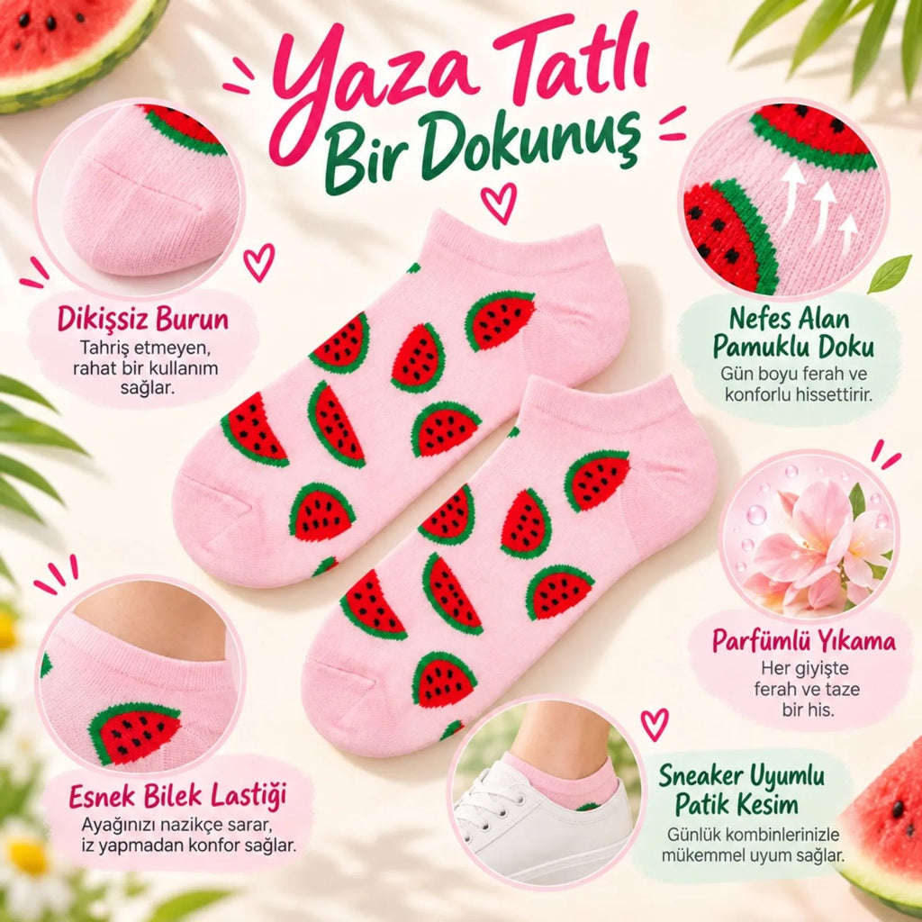 Kadın Karpuz 6'lı Desenli Patik Çorap Pamuklu Dikişsiz Sneaker Uyumlu Eğlenceli Yazlık Set