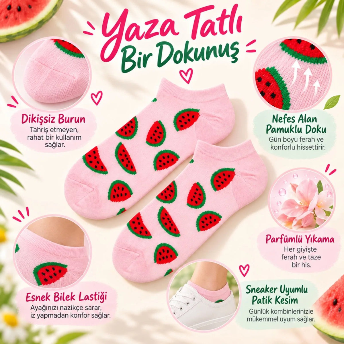 Kadın Karpuz 6'lı Desenli Patik Çorap Pamuklu Dikişsiz Sneaker Uyumlu Eğlenceli Yazlık Set