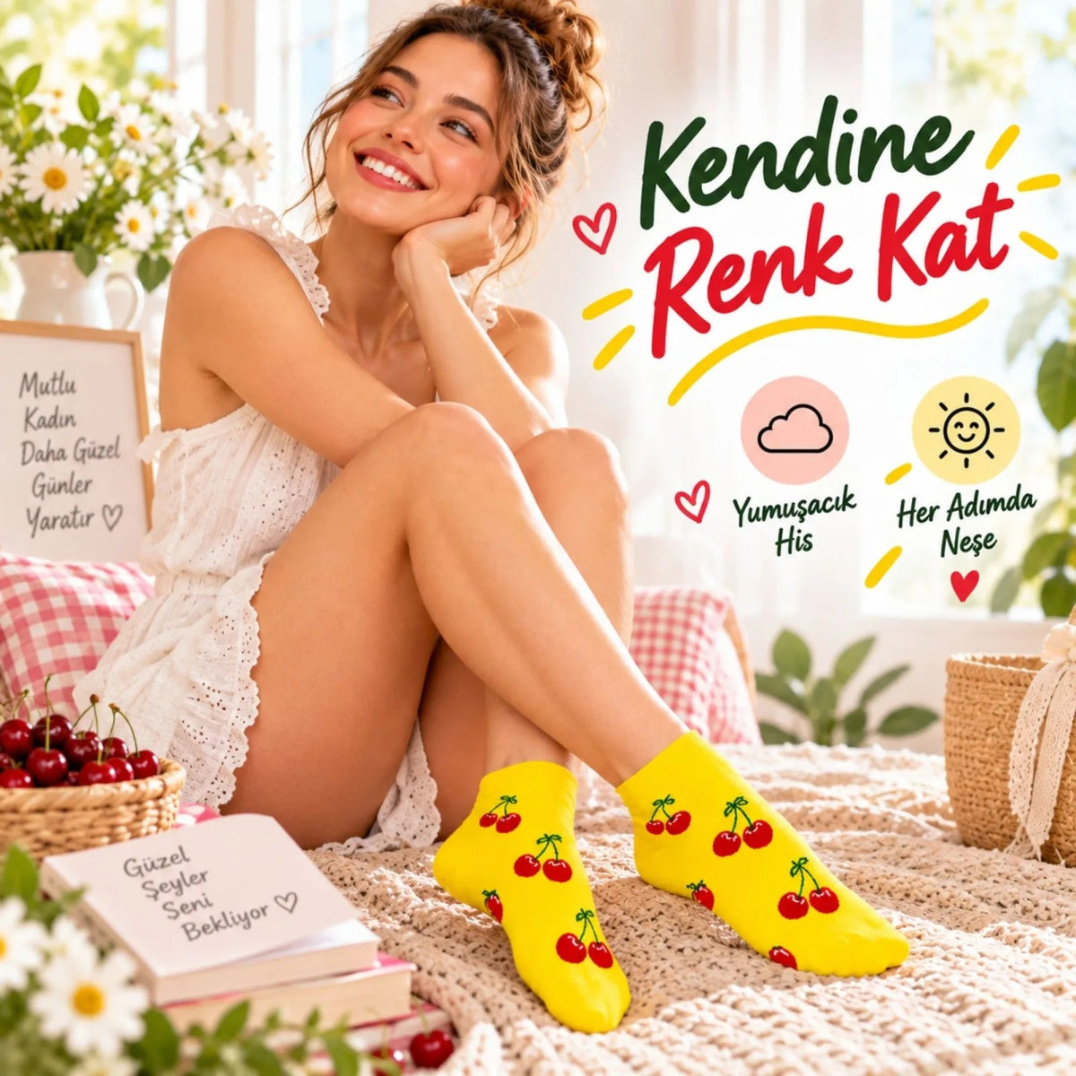 Kadın Kiraz 12'li Desenli Patik Çorap Sarı Pamuklu Dikişsiz Sneaker Uyumlu Eğlenceli Günlük Set