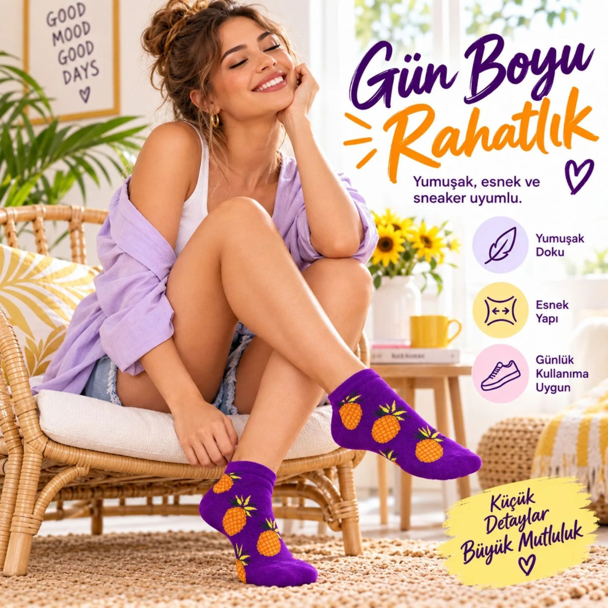 Kadın Mor Ananas Desenli Patik Çorap 3’lü Paket | Renkli, Rahat, Esnek ve Günlük Kısa Çorap Seti