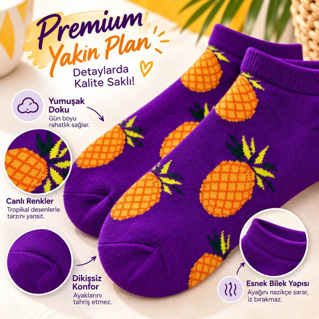 Kadın Mor Ananas Desenli Patik Çorap 12'li Paket | Renkli, Rahat Günlük Kısa Çorap Seti
