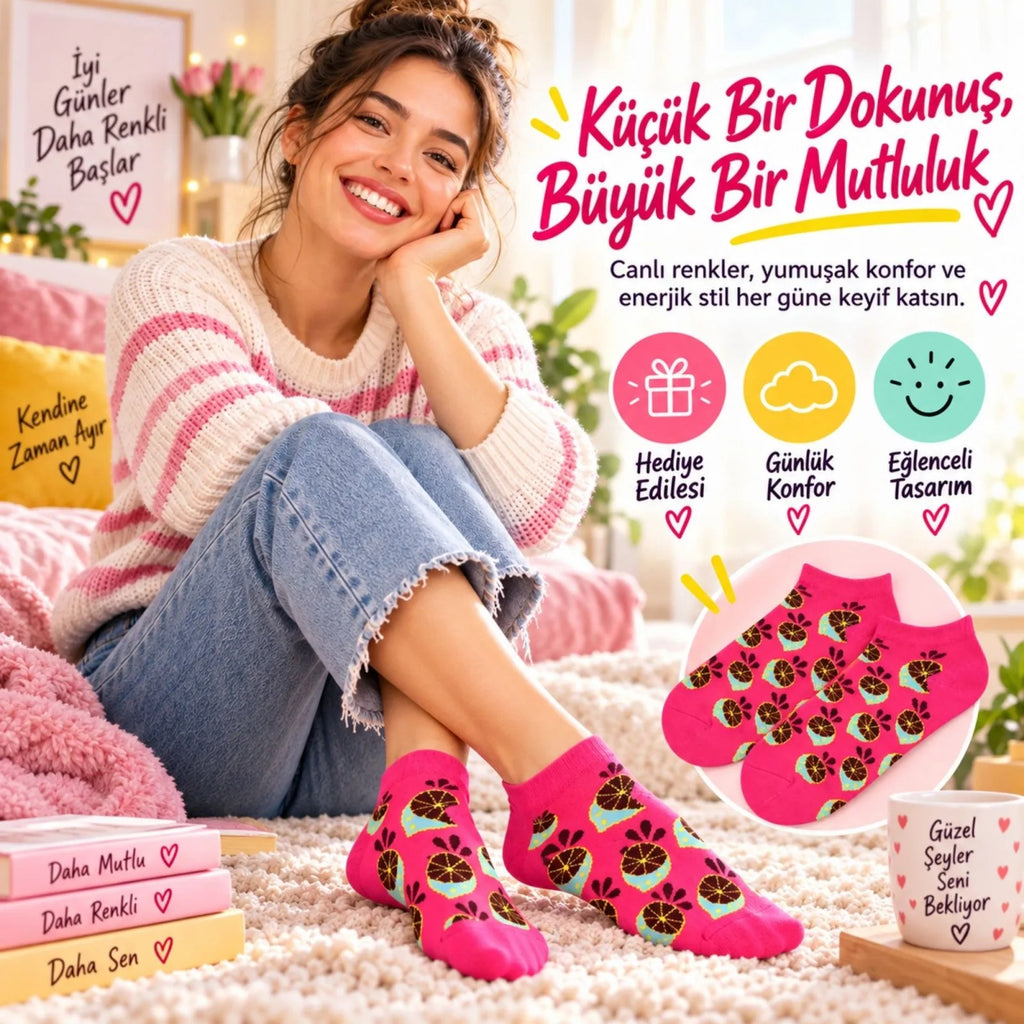 Kadın Fuşya Limon Desenli Patik Çorap 3'lü Paket | Renkli, Rahat ve Esnek Günlük Kısa Çorap