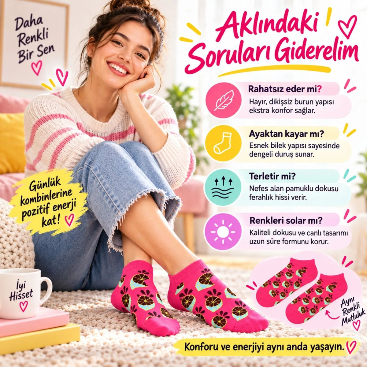 Kadın Fuşya Limon Desenli Patik Çorap 12'li Paket | Renkli, Rahat ve Esnek Günlük Kısa Çorap