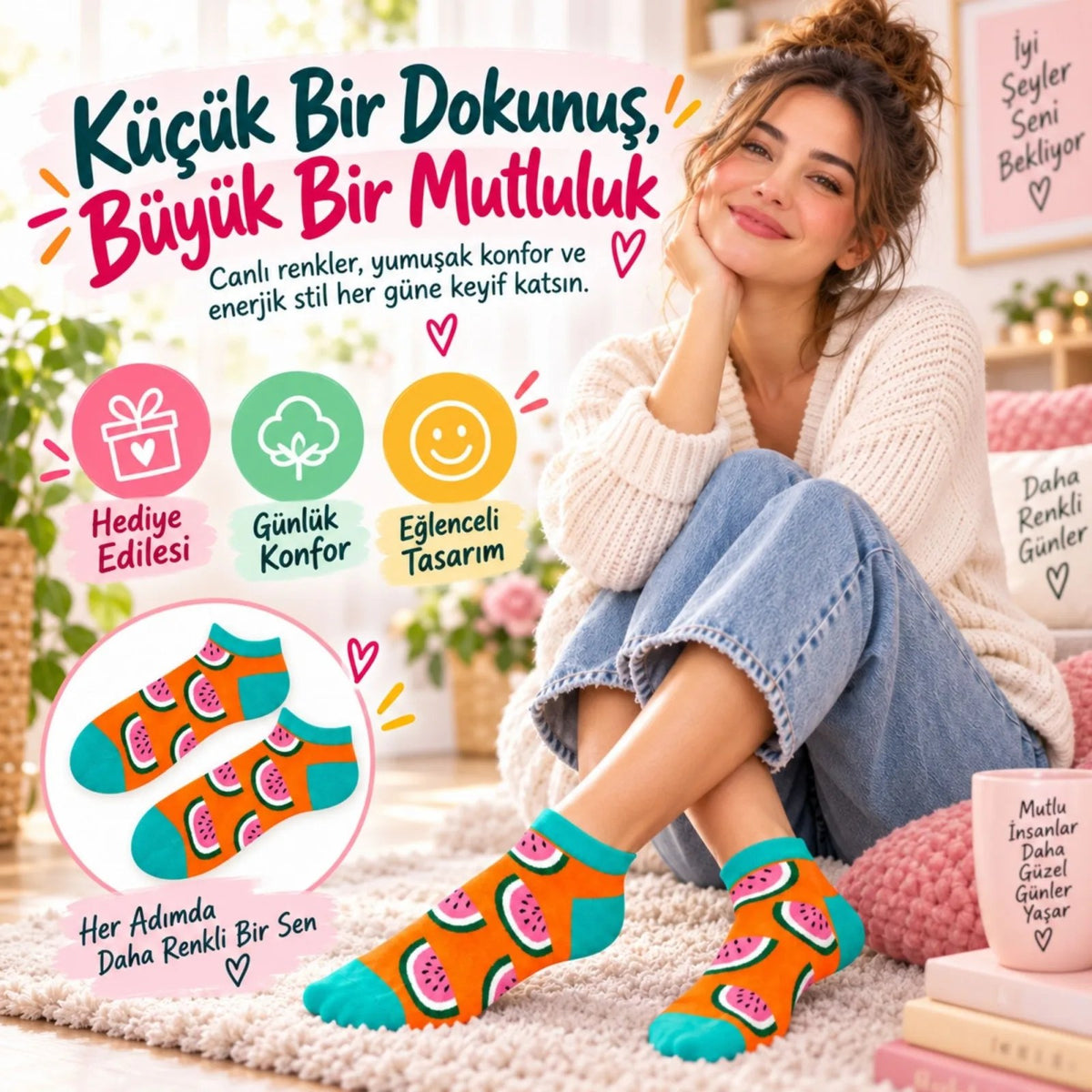 Kadın Turuncu Karpuz Desenli Patik Çorap 6'lı Paket | Renkli, Rahat ve Esnek Günlük Kısa Çorap