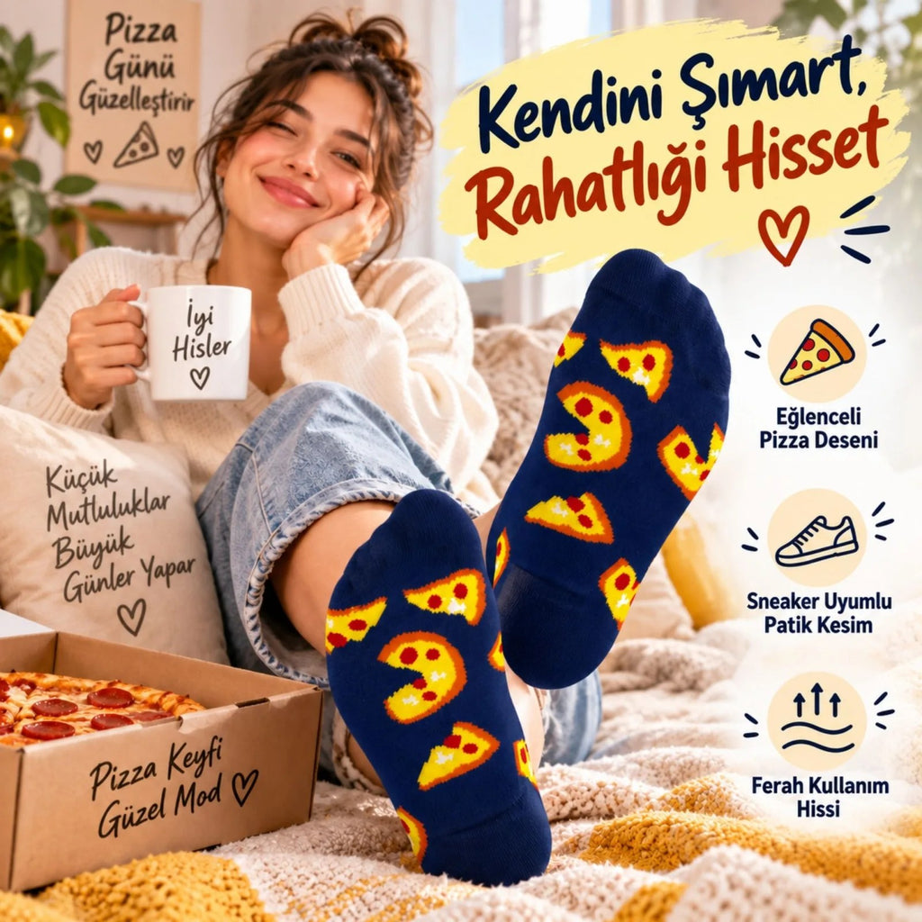 Pizza Desenli 12'li Lacivert Patik Çorap Unisex Günlük Kısa Sneaker Çorap Seti Avantajlı Paket Rahat