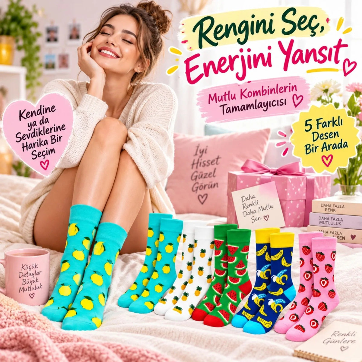 Kadın Çorap Meyve Desenli Renkli 10 'lu Set Limon Ananas Karpuz Muz Çilek Uzun Soket Günlük Çorap Seti