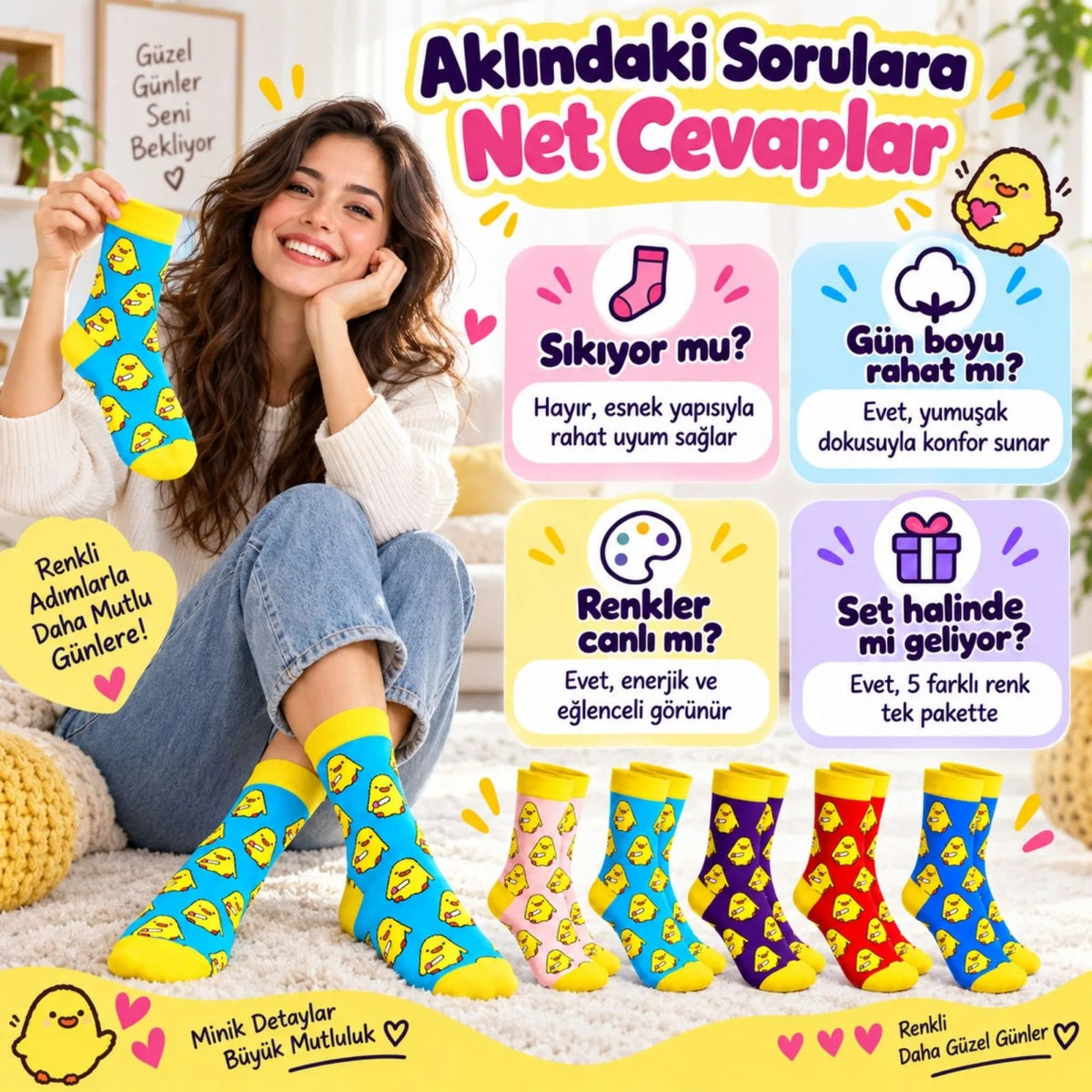 Kadın Çorap Civciv Desenli Renkli ve 5'li Set Uzun Soket Eğlenceli Günlük Kadın Çorabı 5 Farklı Renk