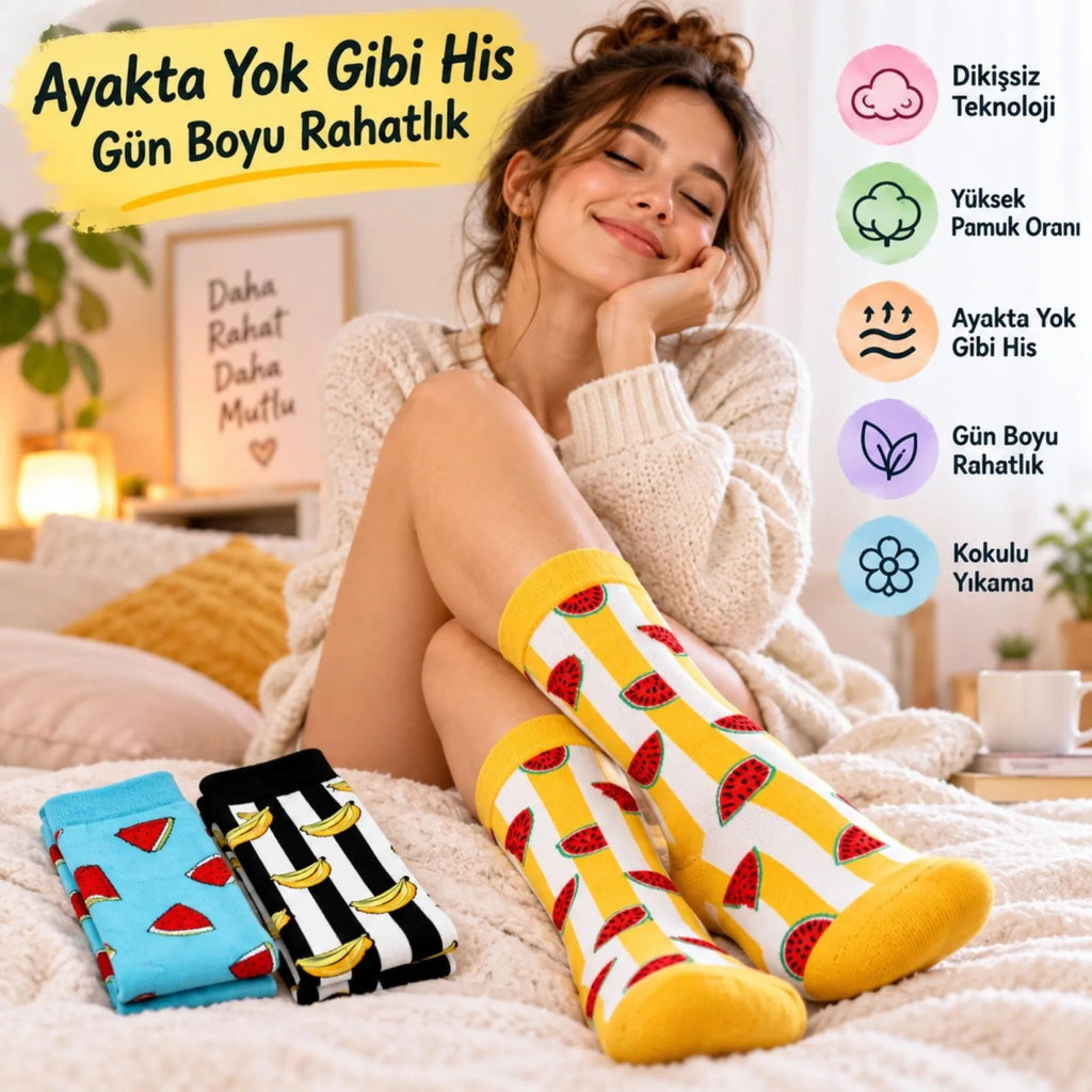 Kadın Uzun Çorap Meyve Desenli Renkli 6'lı Set Karpuz Muz Baskılı Günlük Rahat Eğlenceli Çorap