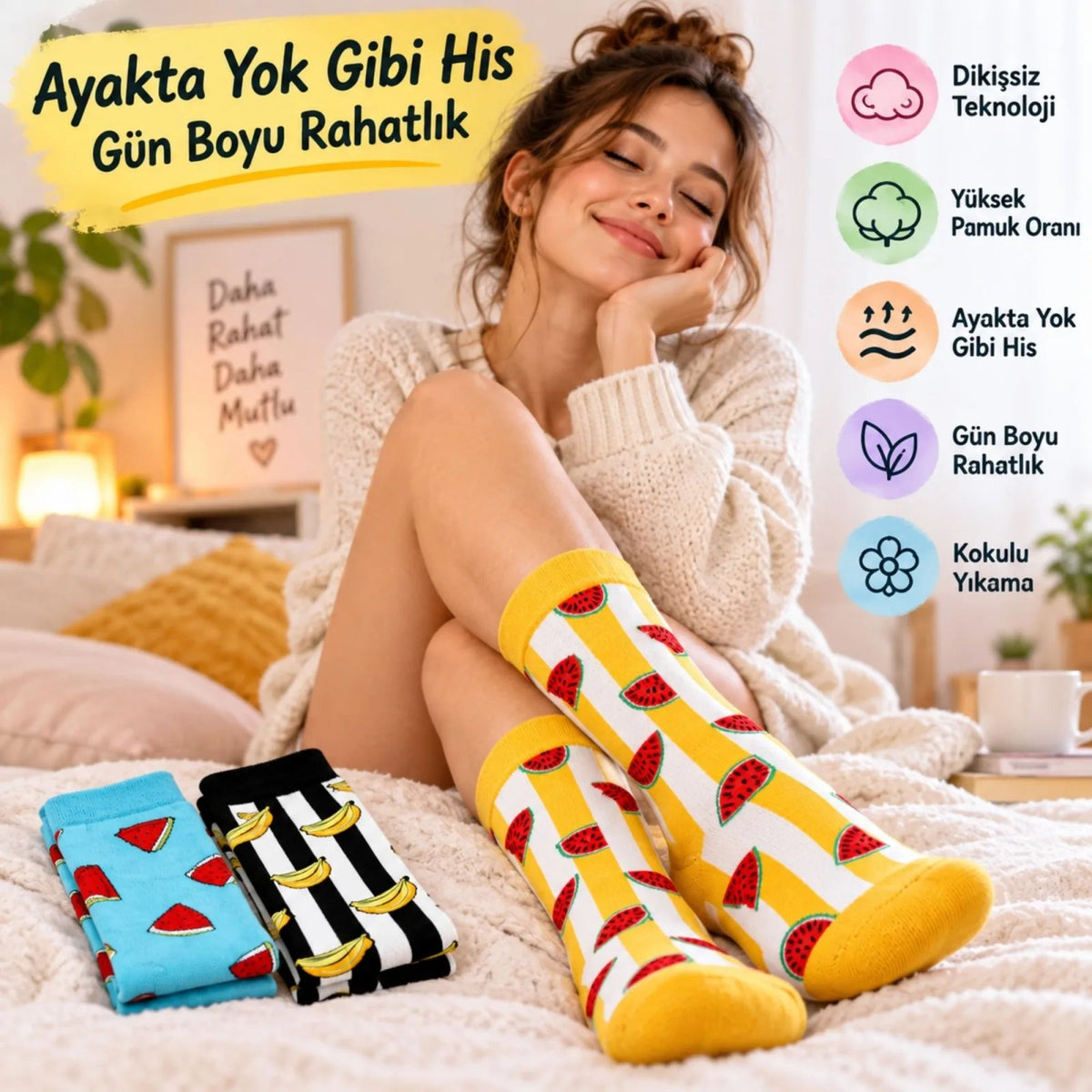 Kadın Uzun Çorap Meyve Desenli Renkli 6'lı Set Karpuz Muz Baskılı Günlük Rahat Eğlenceli Çorap
