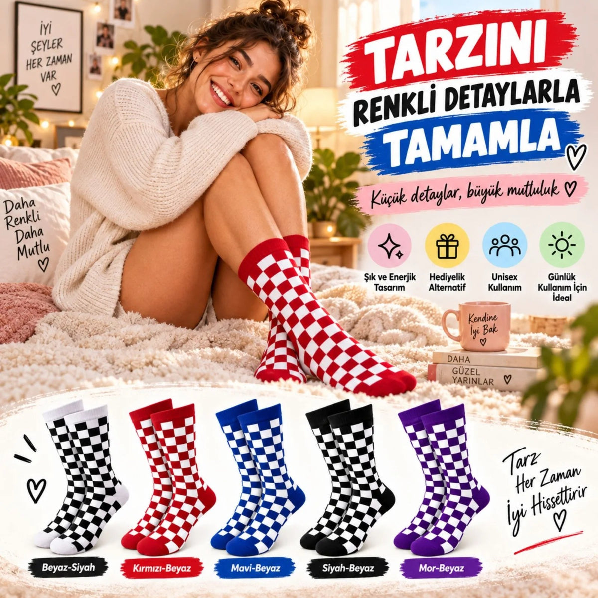 UNİSEX Çorap Dama Desenli Renkli 5'li Set Kareli Uzun Soket Günlük Spor Eğlenceli Rahat Çorap Seti