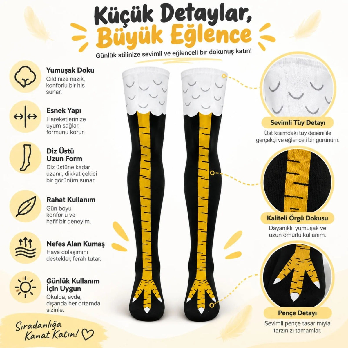 Kadın Diz Üstü Tavuk Ayağı Desenli Çorap Siyah Sarı Uzun Eğlenceli Kostüm Parti Günlük Çorabı Modeli