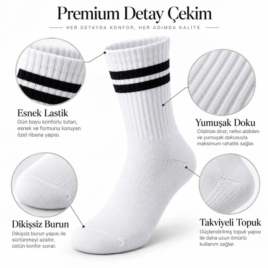 Unisex Beyaz Çorap Siyah Çizgili 3'lü Set Uzun Soket Günlük Spor Kolej Stil Rahat Kadın Erkek Çorabı