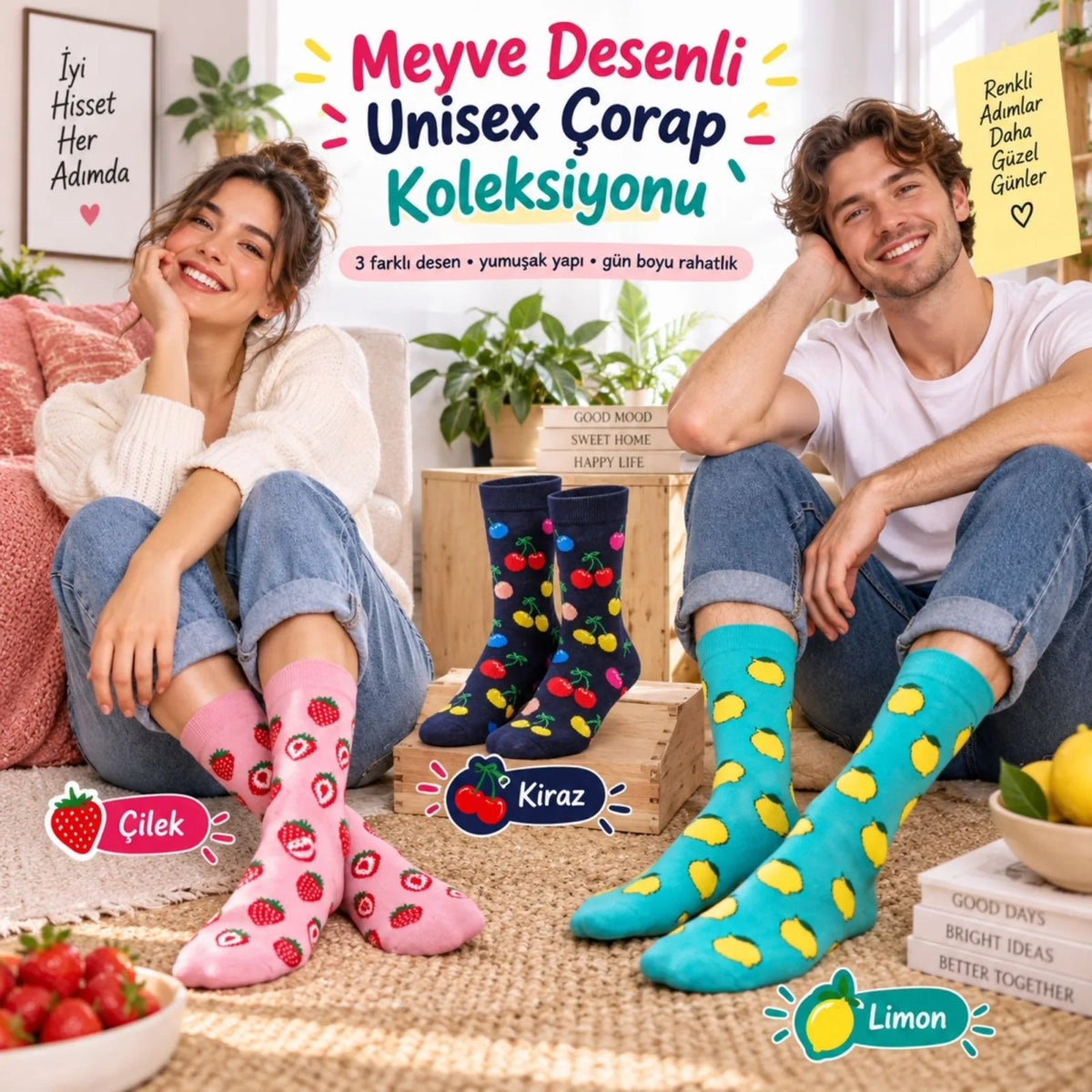 Kadın Ve Erkek Çorap Meyve Desenli Renkli 3'lü Set Uzun Soket Günlük Rahat Çorap Seti