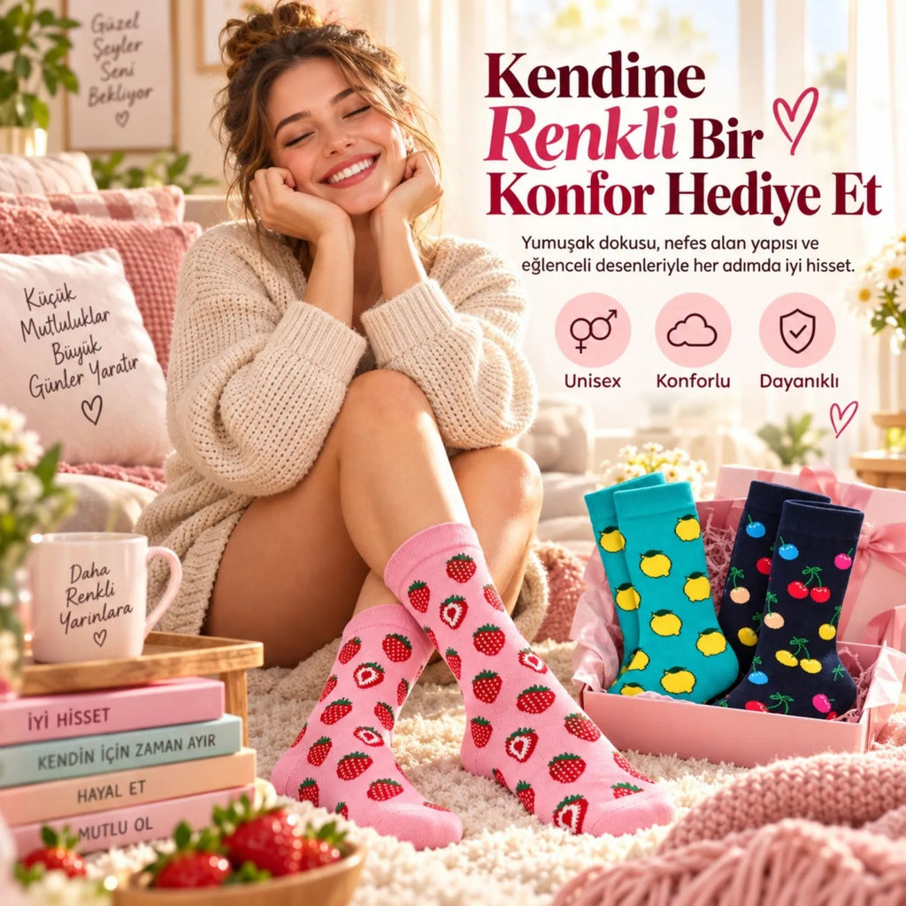 Kadın Ve Erkek Çorap Meyve Desenli Renkli 6'lı Set Uzun Soket Günlük Rahat Spor Çorap Seti