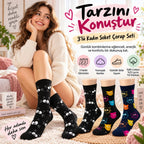 Unisex Kedi Desenli Çorap 3'lü Set Pamuklu Renkli Uzun Soket Dikişsiz Nefes Alan Rahat Günlük Çorap
