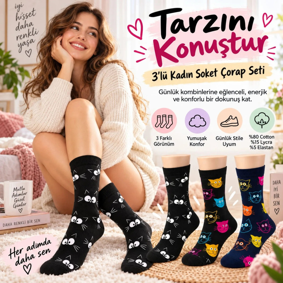 Unisex Kedi Desenli Çorap 3'lü Set Pamuklu Renkli Uzun Soket Dikişsiz Nefes Alan Rahat Günlük Çorap