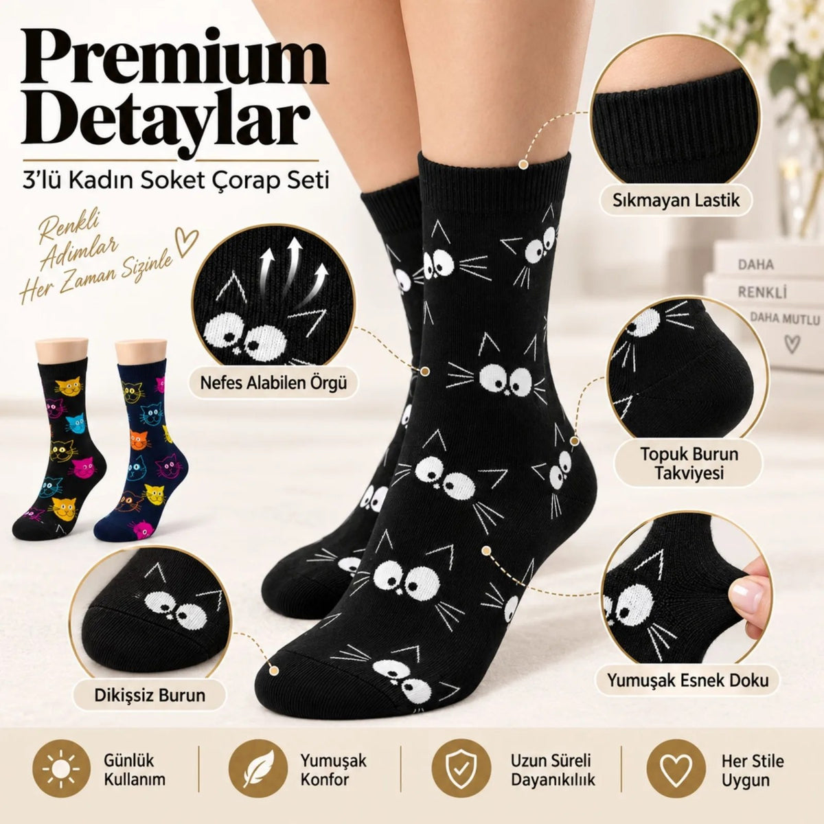 Unisex Kedi Desenli Çorap 6'lı Set Pamuklu Renkli Uzun Soket Dikişsiz Nefes Alan Rahat Günlük Çorap