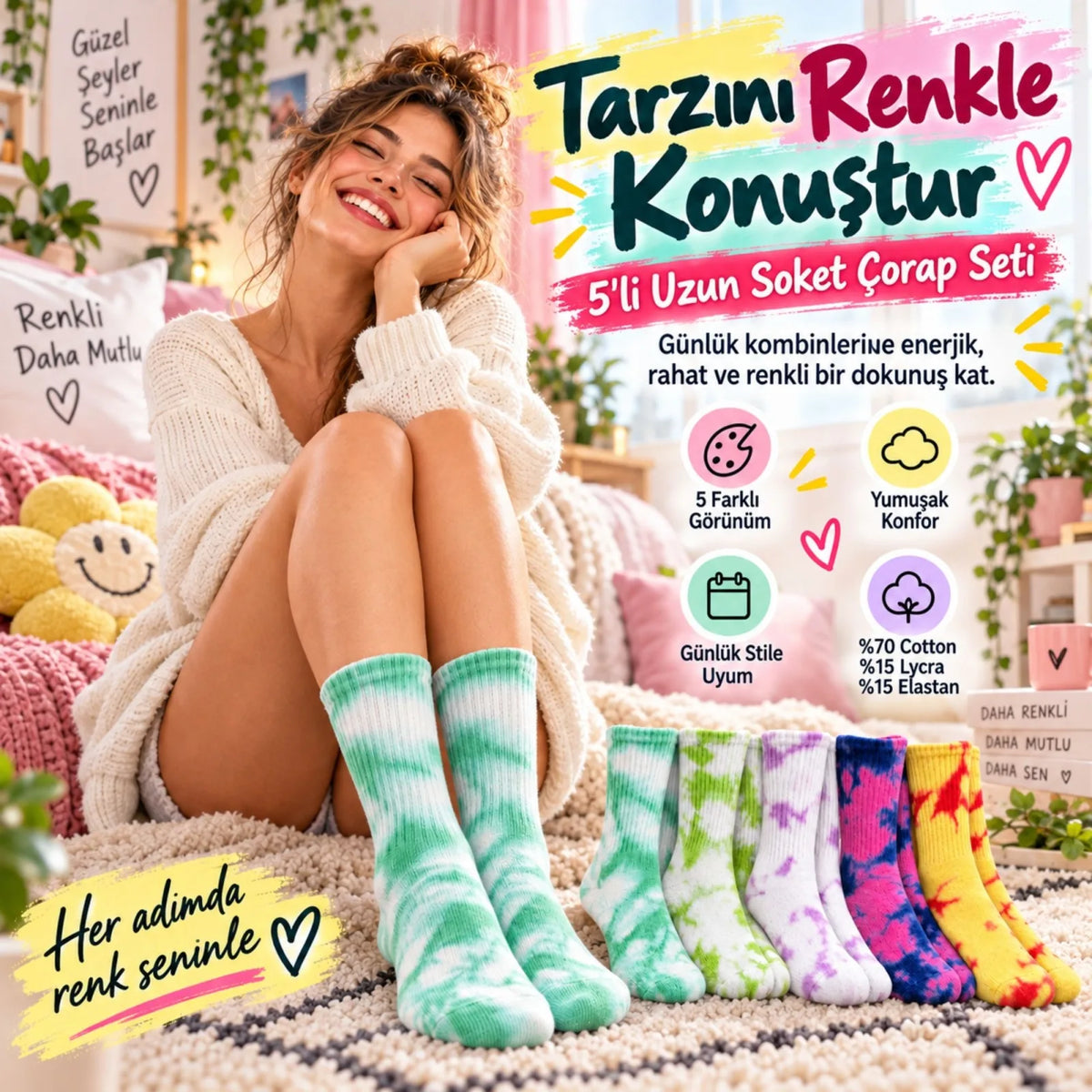 Unisex Batik Desenli Çorap 5'li Set Renkli Pamuklu Uzun Soket Dikişsiz Nefes Alan Günlük Spor Çorabı