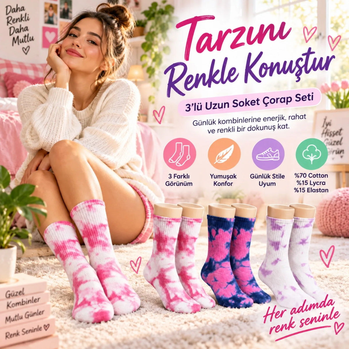 Unisex Batik Desenli Çorap 6'lı Set Pamuklu Renkli Uzun Soket Dikişsiz Nefes Alan Günlük Spor Çorabı