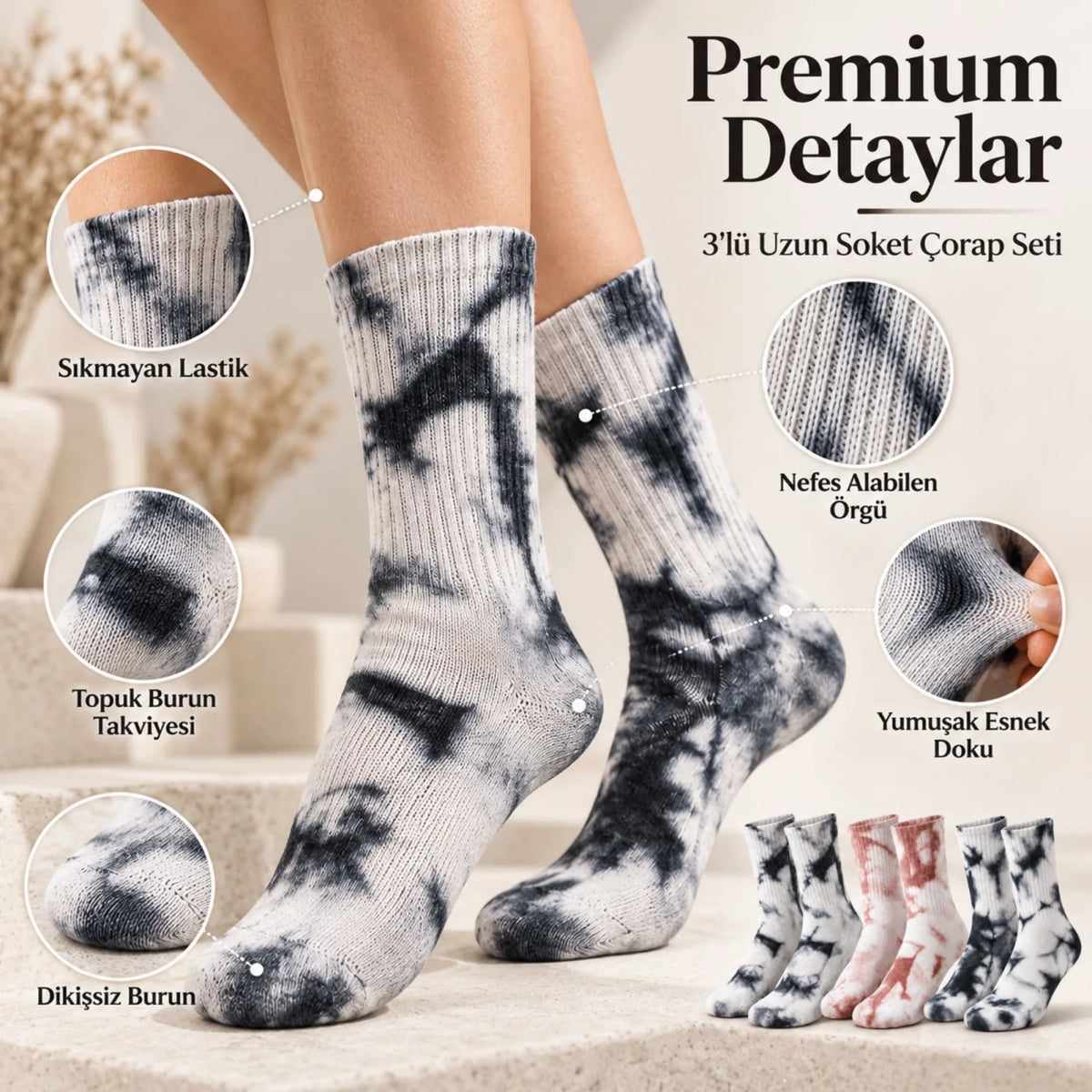 Unisex Batik Desenli Çorap 6'lı Set Pamuklu Uzun Soket Günlük Spor Nefes Alan Dikişsiz
