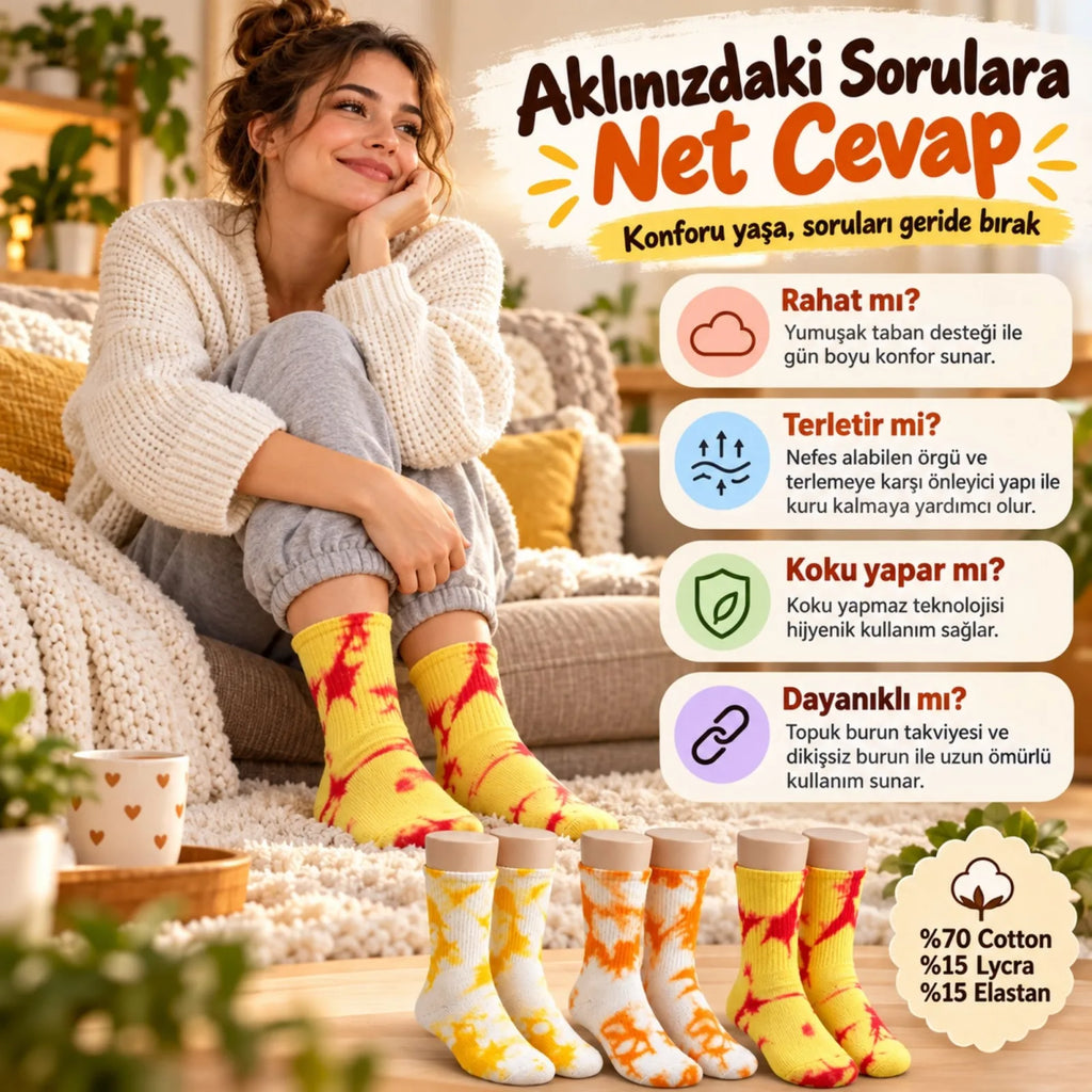 Unisex Batik Desenli Çorap 6'lı Set Pamuklu Renkli Uzun Soket Dikişsiz Nefes Alan Günlük Spor Çorabı