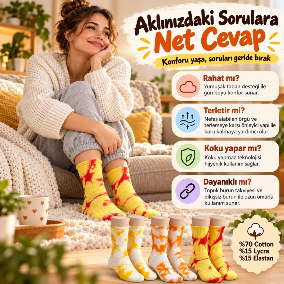 Unisex Batik Desenli Çorap 6'lı Set Pamuklu Renkli Uzun Soket Dikişsiz Nefes Alan Günlük Spor Çorabı
