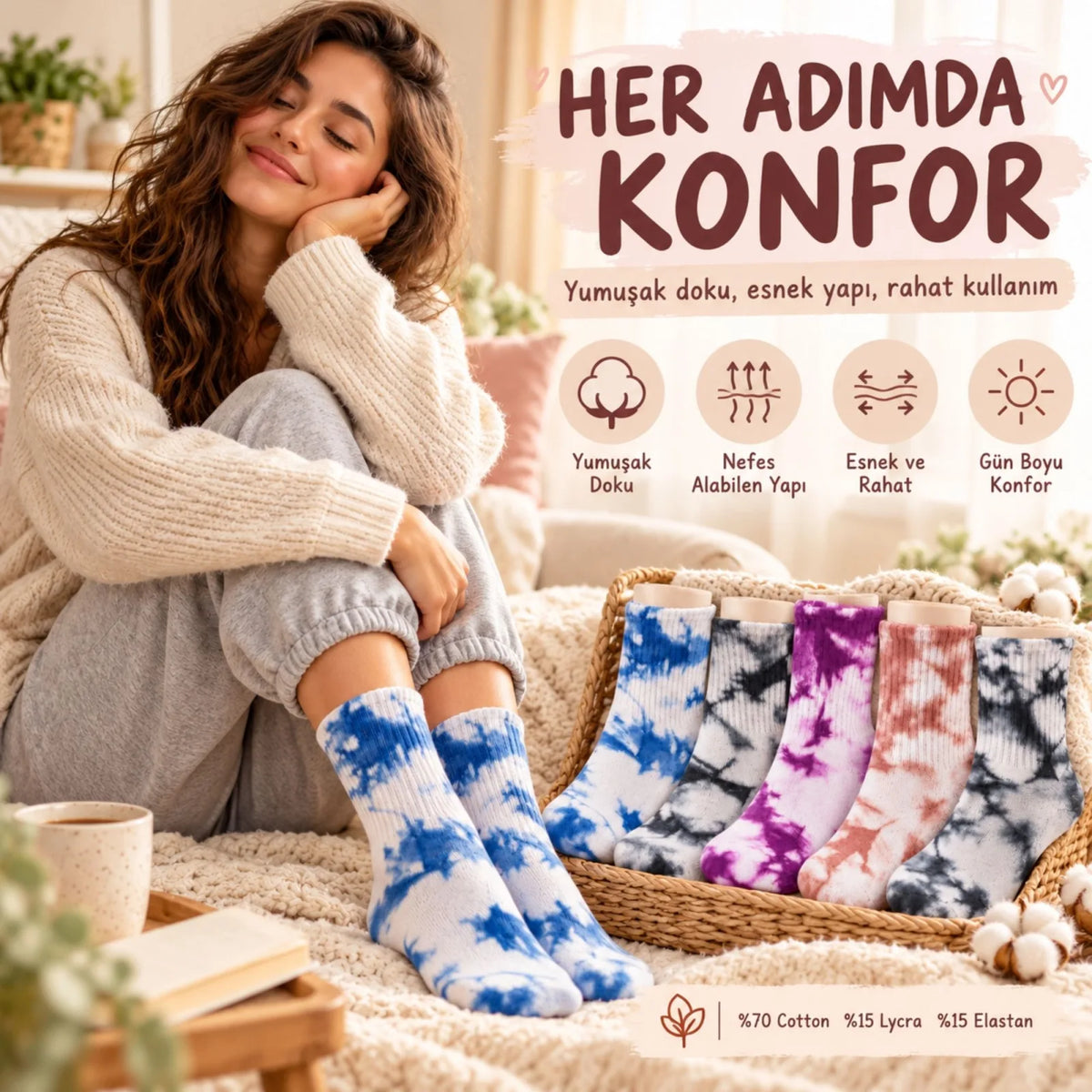 Unisex Batik Desenli Çorap 5'li Set Pamuklu Renkli Uzun Soket Dikişsiz Nefes Alan Günlük Spor Çorabı
