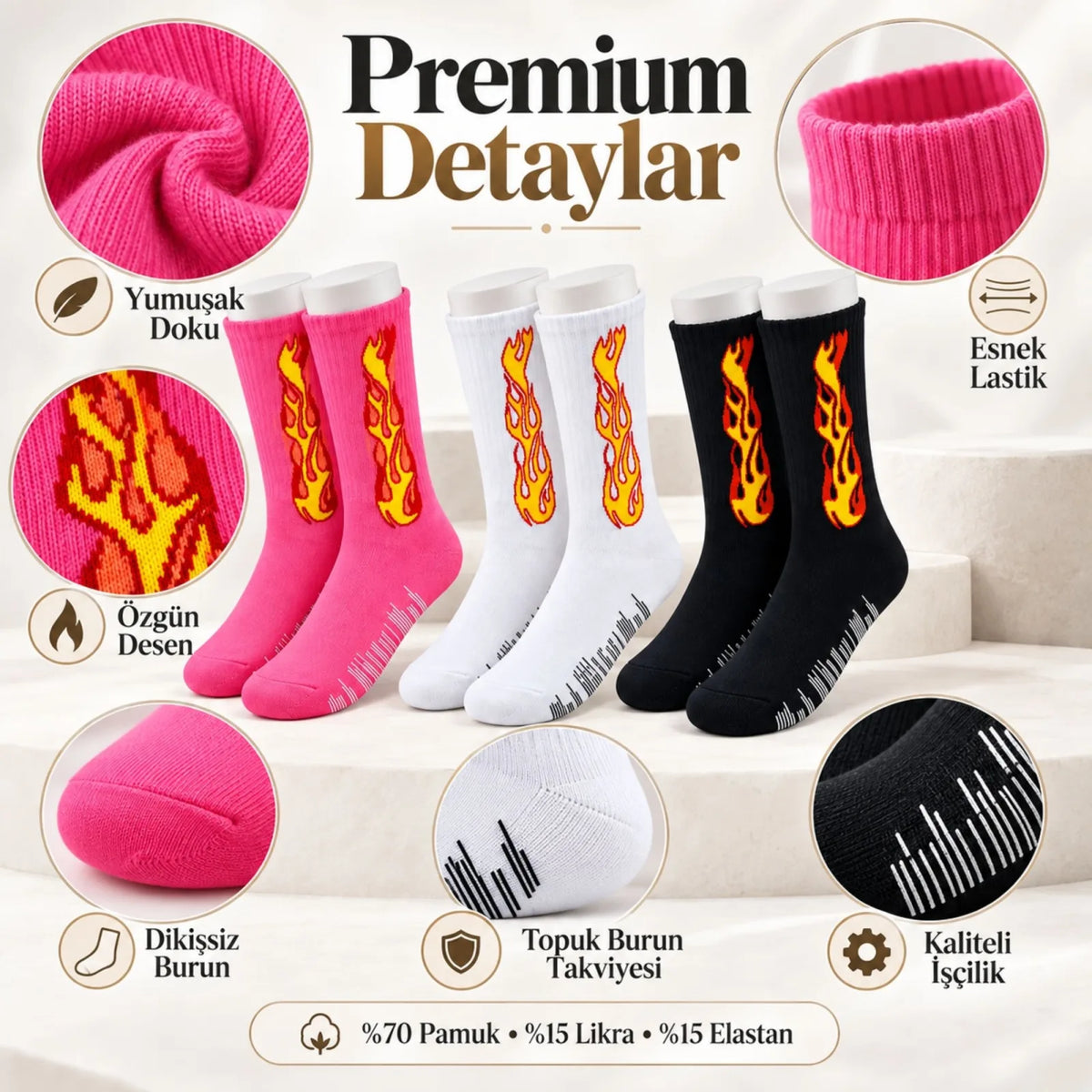 Unisex Alev Desenli Çorap 3'lü Set Pamuklu Uzun Soket Dikişsiz Nefes Alan Günlük Spor Çorabı Yumuşak