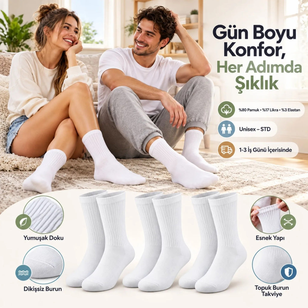 Unisex Basic Siyah Beyaz Soket Çorap 6'lı Set Kadın Erkek Spor Günlük Uzun Ribanalı Rahat Çorap Set