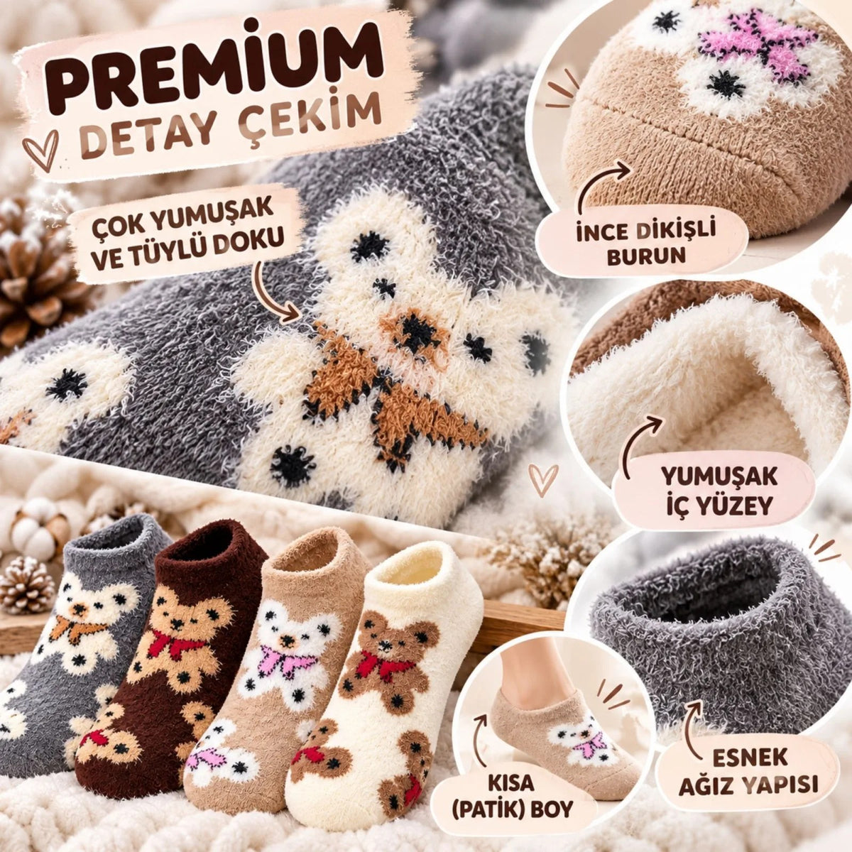 Kadın Ayıcık Desenli Yumoş Patik Çorap 8'li Set Peluş Yumuşak Sıcak Parfümlü Kışlık Rahat Çorap Seti