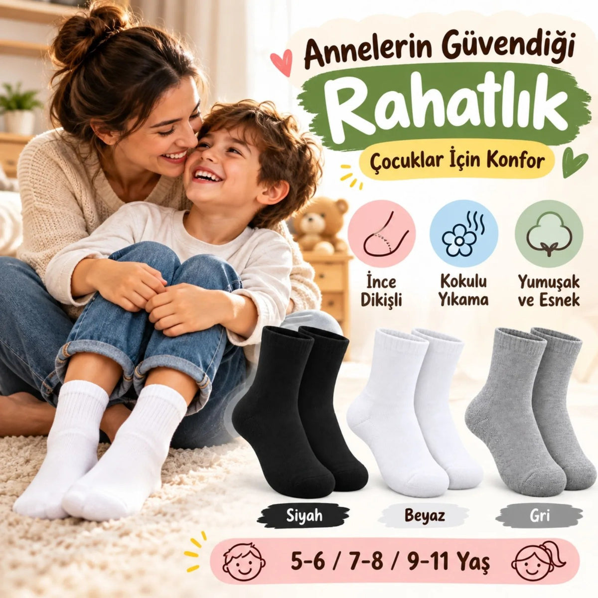 Çocuk Spor Çorap 6'lı Set Siyah Beyaz Gri İnce Dikişli Kokulu Yıkama Yumuşak Esnek Günlük Çorap Seti