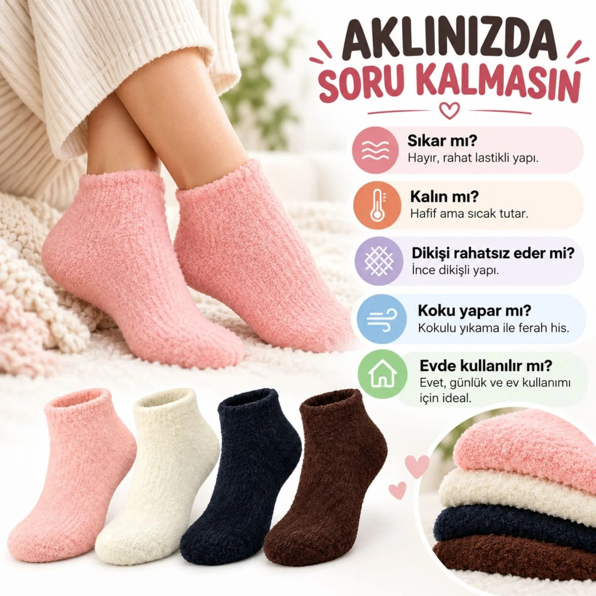 Kadın Yumoş Patik Çorap 4'lü Set Peluş Sıcak Tutan Kışlık Ev Çorabı Yumuşak Rahat 4 Renk Hediye Seti