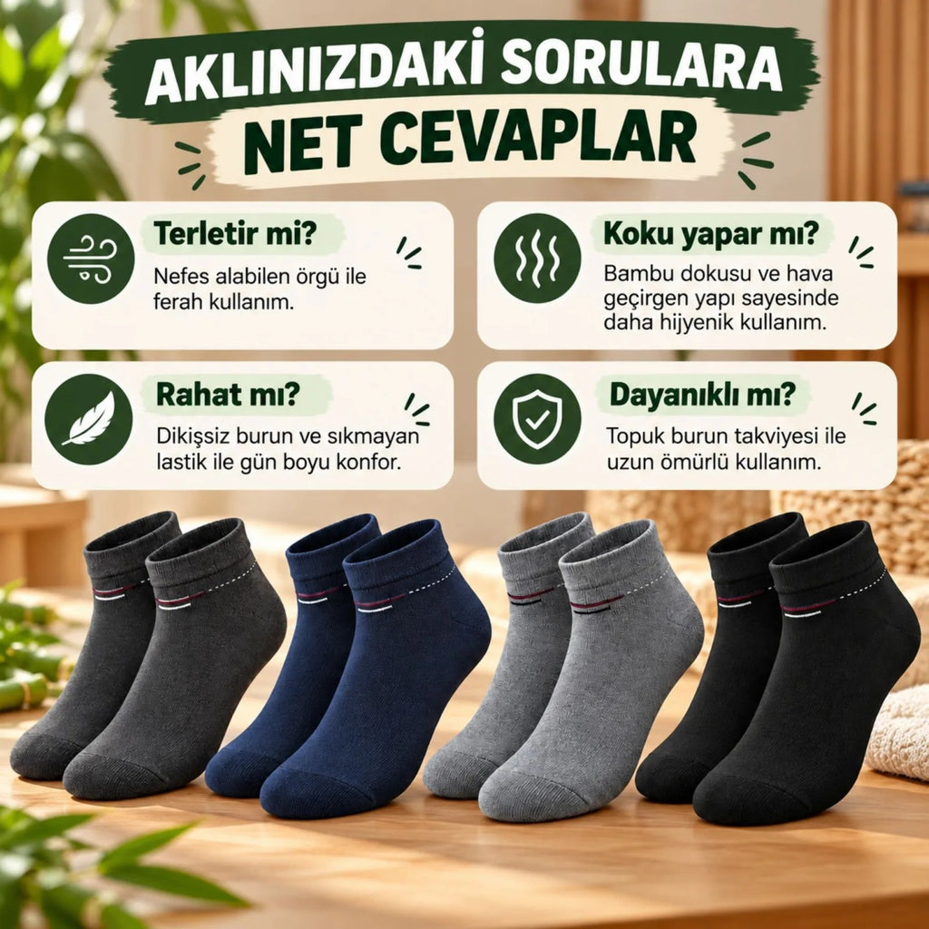 Erkek Bambu Patik Çorap 4'lü Set Yumuşak Dikişsiz Nefes Alan Sıkmayan Lastikli Günlük Rahat Çorap