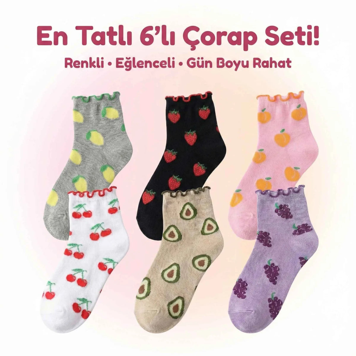 Kadın Meyve Desenli Fırfırlı Soket Çorap 6'lı | Renkli Yumuşak Rahat Bilek Çorabı