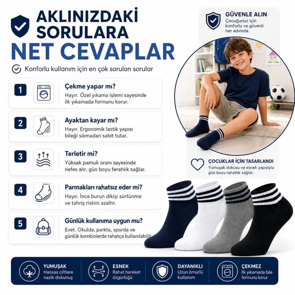 Erkek Çocuk Pamuklu Çizgili Patik Çorap 4'lü | Nefes Alan Esnek Okul Günlük Spor Çorabı