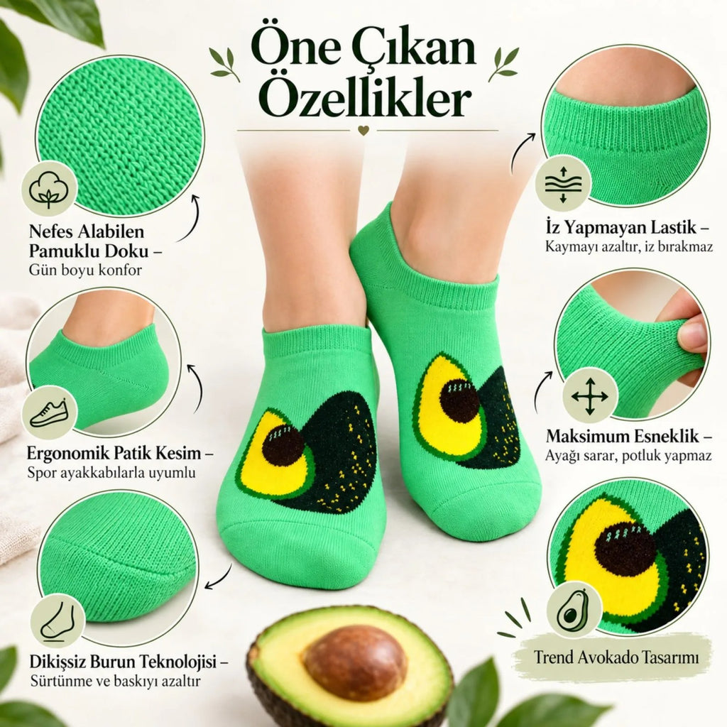 Kadın Avokado 12'li Desenli Patik Çorap Pamuklu Dikişsiz Sneaker Uyumlu Eğlenceli Günlük Set