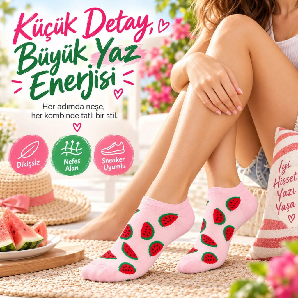 Kadın Karpuz 6'lı Desenli Patik Çorap Pamuklu Dikişsiz Sneaker Uyumlu Eğlenceli Yazlık Set