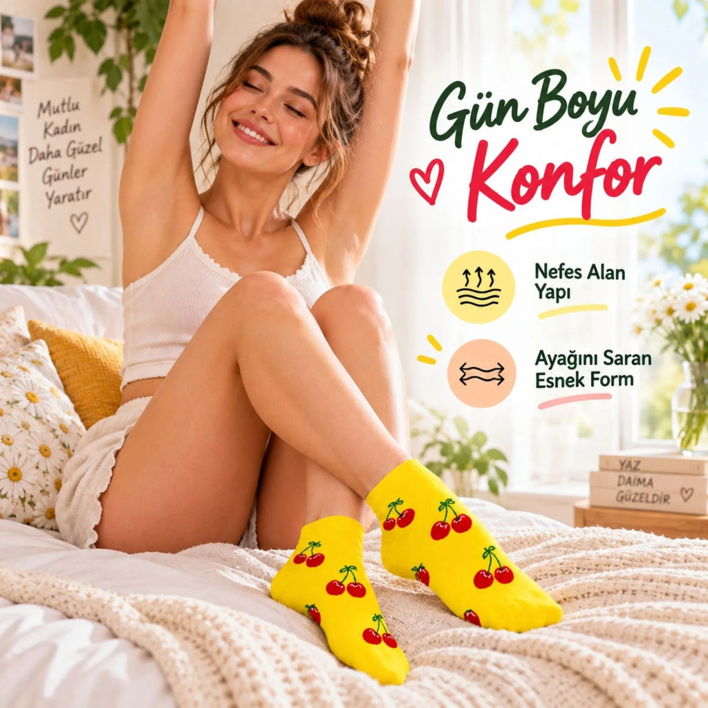 Kadın Kiraz 6'lı  Desenli Patik Çorap Sarı Pamuklu Dikişsiz Sneaker Uyumlu Eğlenceli Günlük Set