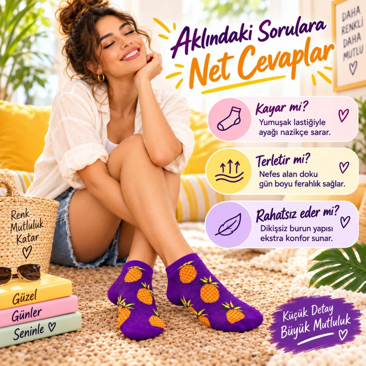 Kadın Mor Ananas Desenli Patik Çorap 6'lı Paket | Renkli, Rahat ve Günlük Kısa Çorap Seti
