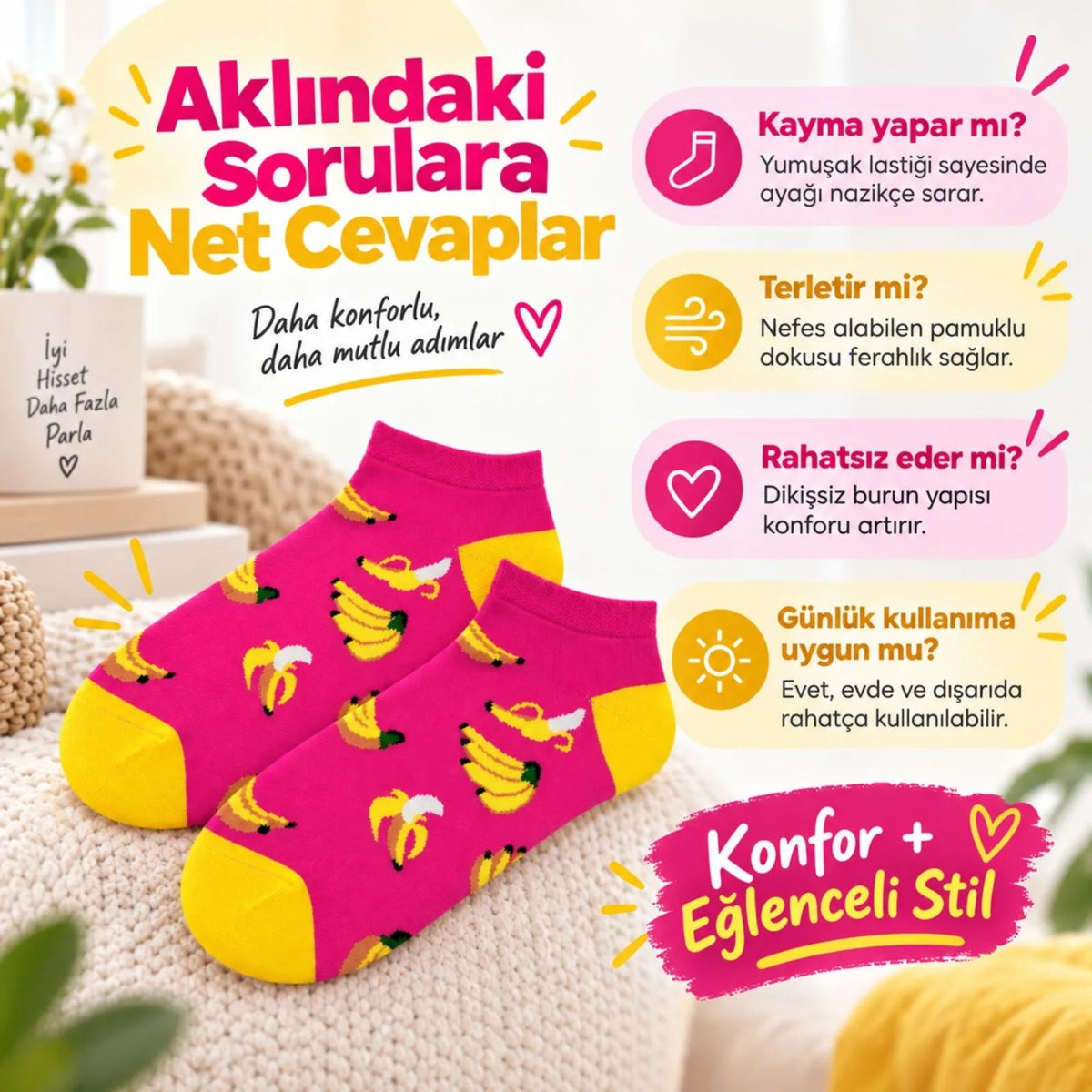 Kadın Pembe Muz Desenli Patik Çorap 12'li Paket | Renkli, Rahat, Esnek Günlük Çorap Seti