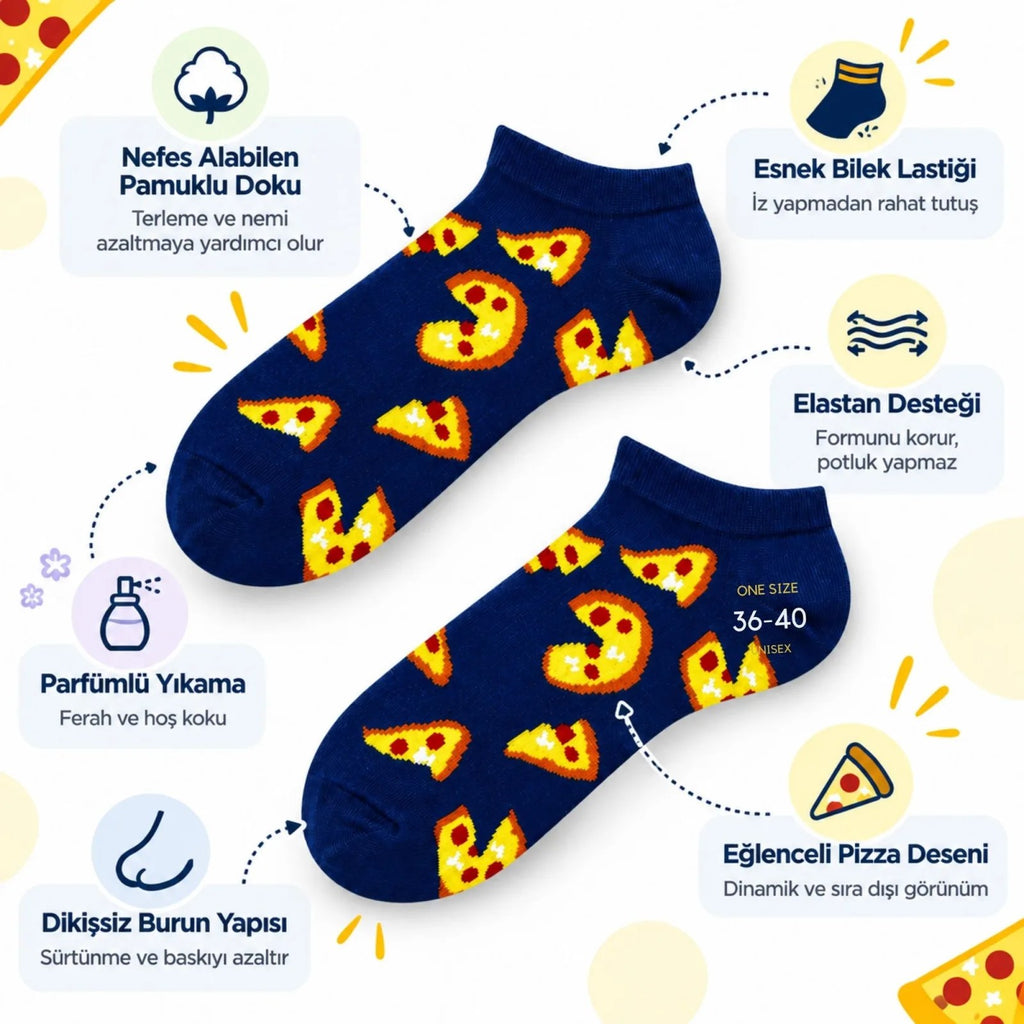 Pizza Desenli 12'li Lacivert Patik Çorap Unisex Günlük Kısa Sneaker Çorap Seti Avantajlı Paket Rahat