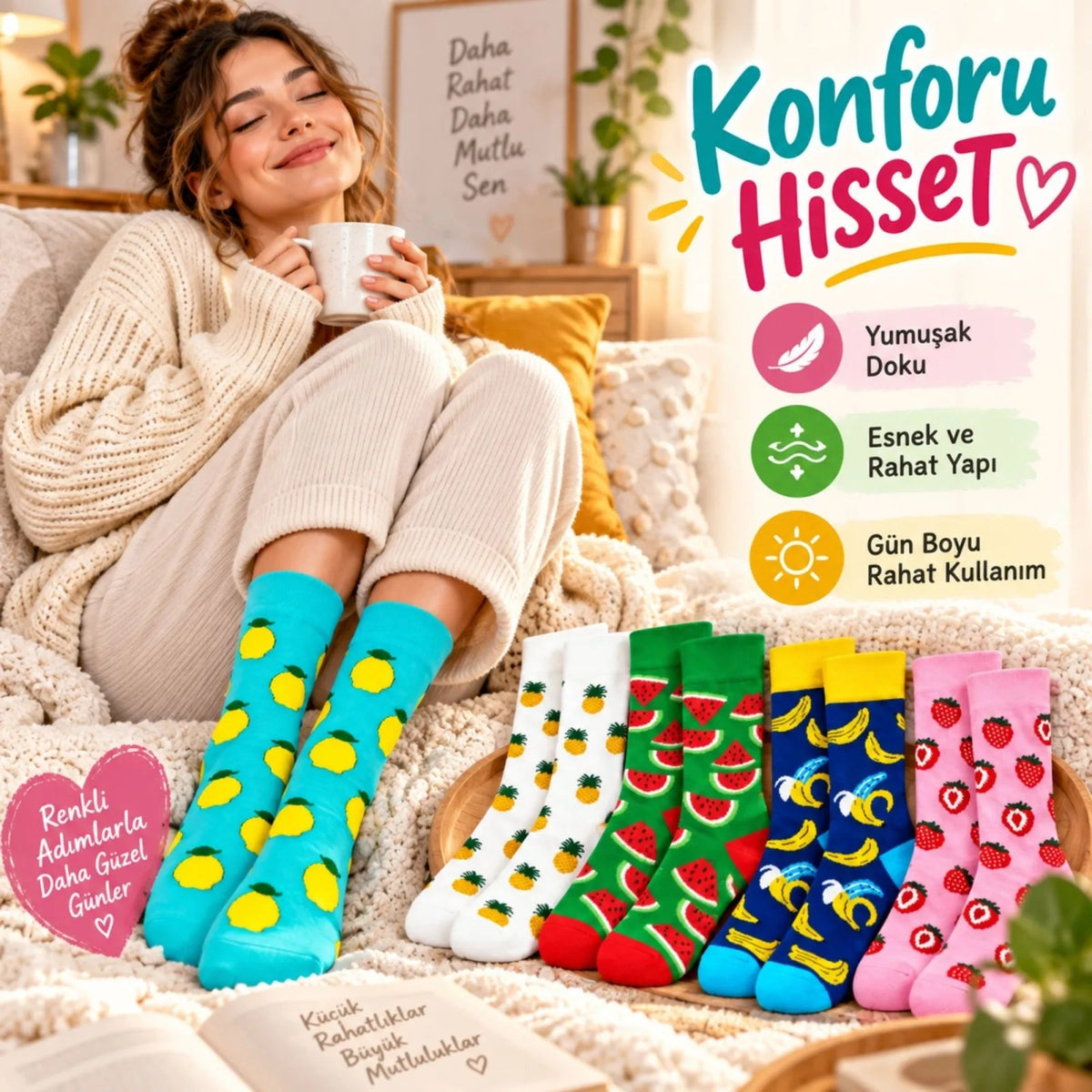 Kadın Çorap Meyve Desenli Renkli 10 'lu Set Limon Ananas Karpuz Muz Çilek Uzun Soket Günlük Çorap Seti