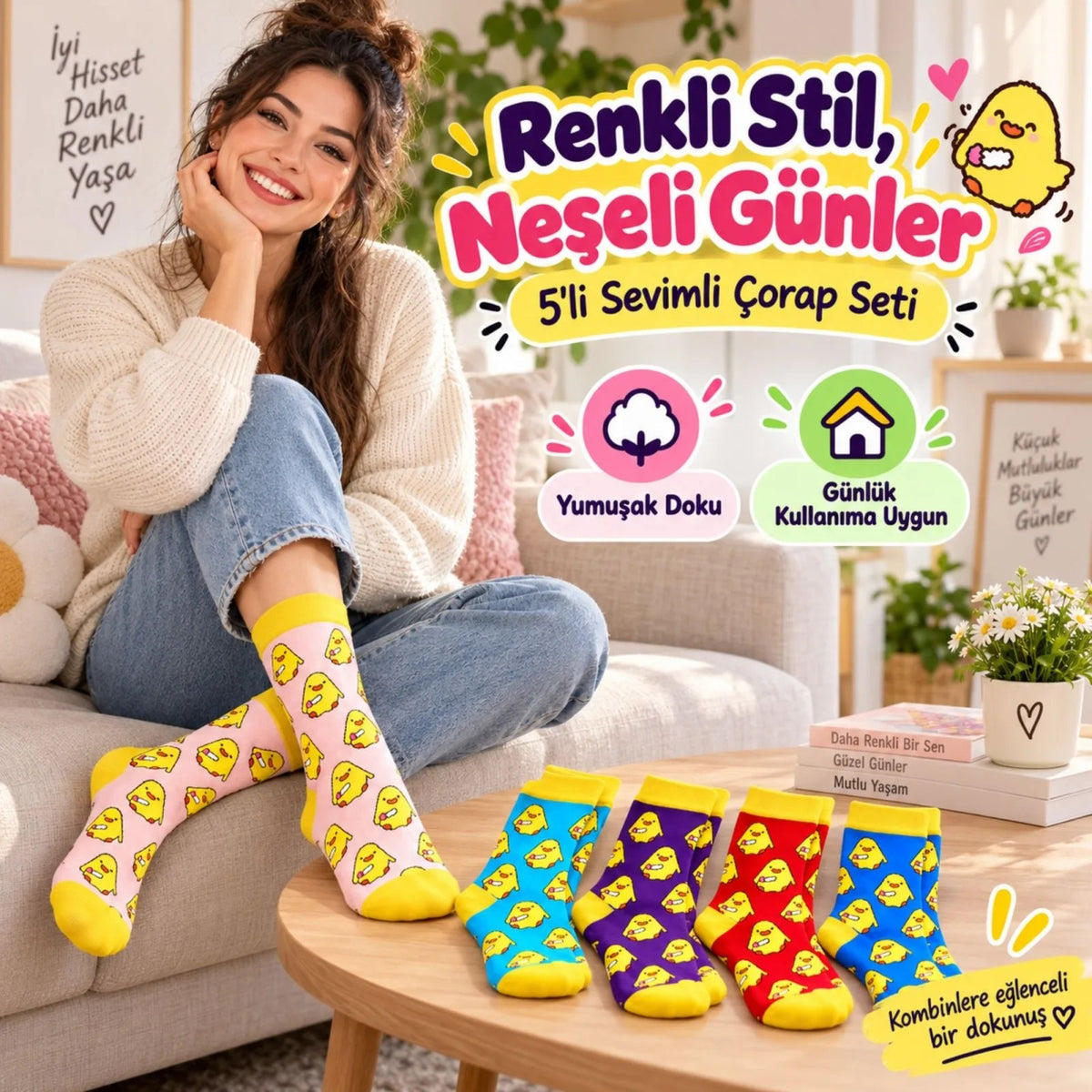 Kadın Çorap Civciv Desenli Renkli ve 10'lu Set Uzun Soket Eğlenceli Günlük Kadın Çorabı 5 Farklı Renk