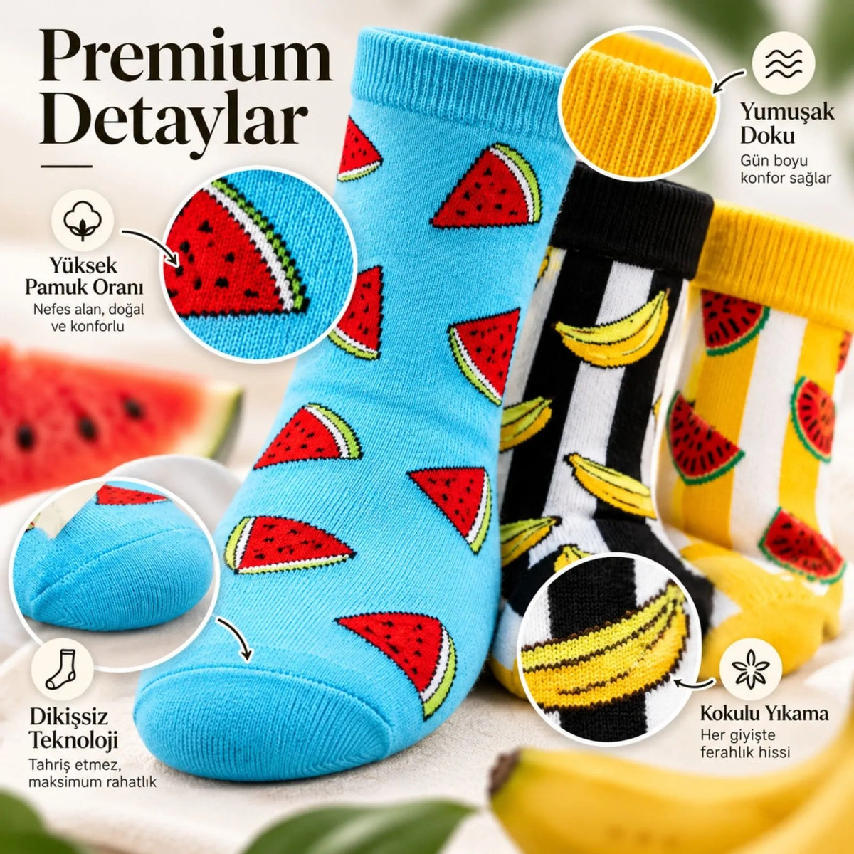 Kadın Uzun Çorap Meyve Desenli Renkli 6'lı Set Karpuz Muz Baskılı Günlük Rahat Eğlenceli Çorap