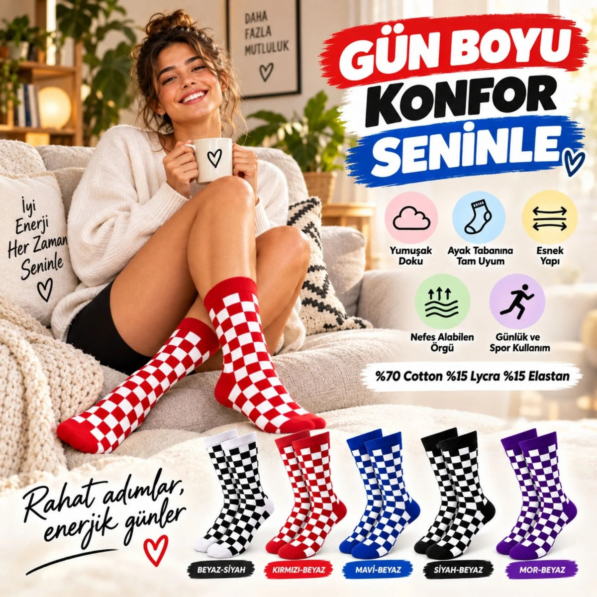 UNİSEX Çorap Dama Desenli Renkli 5'li Set Kareli Uzun Soket Günlük Spor Eğlenceli Rahat Çorap Seti